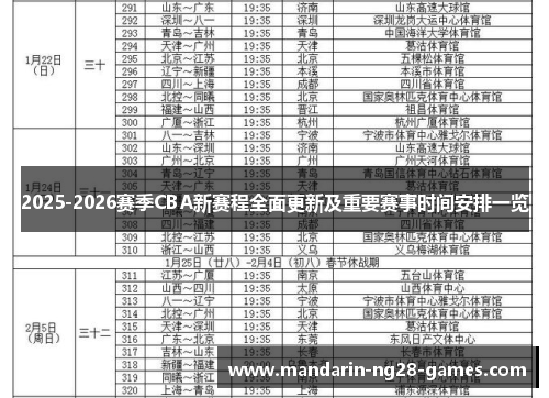 2025-2026赛季CBA新赛程全面更新及重要赛事时间安排一览