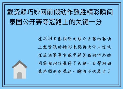 戴资颖巧妙网前假动作致胜精彩瞬间 泰国公开赛夺冠路上的关键一分