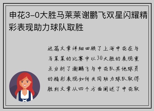 申花3-0大胜马莱莱谢鹏飞双星闪耀精彩表现助力球队取胜