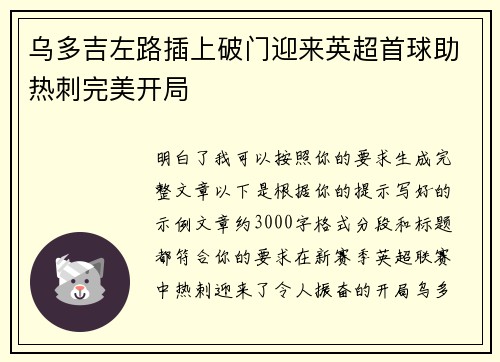 乌多吉左路插上破门迎来英超首球助热刺完美开局 乌多吉左路插上破门迎来英超首球助热刺完美开局