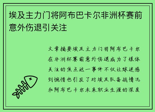 埃及主力门将阿布巴卡尔非洲杯赛前意外伤退引关注 埃及主力门将阿布巴卡尔非洲杯赛前意外伤退引关注