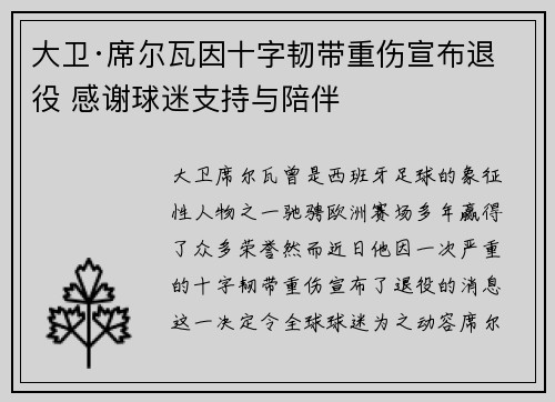 大卫·席尔瓦因十字韧带重伤宣布退役 感谢球迷支持与陪伴