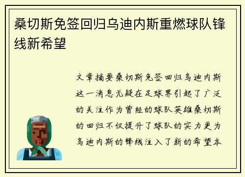 桑切斯免签回归乌迪内斯重燃球队锋线新希望