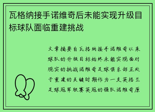 瓦格纳接手诺维奇后未能实现升级目标球队面临重建挑战 瓦格纳接手诺维奇后未能实现升级目标球队面临重建挑战